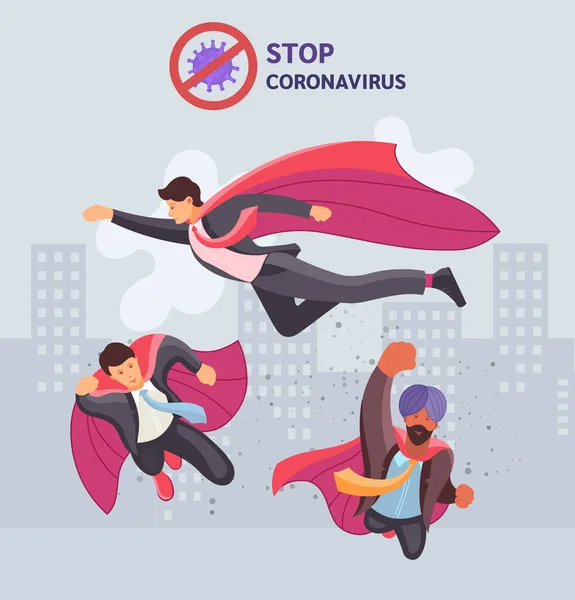 Fliegende Business Superhelden Coronavirus Schutzkonzept Symbol Stoppt Das Virus Coronavirus — Stockvektor