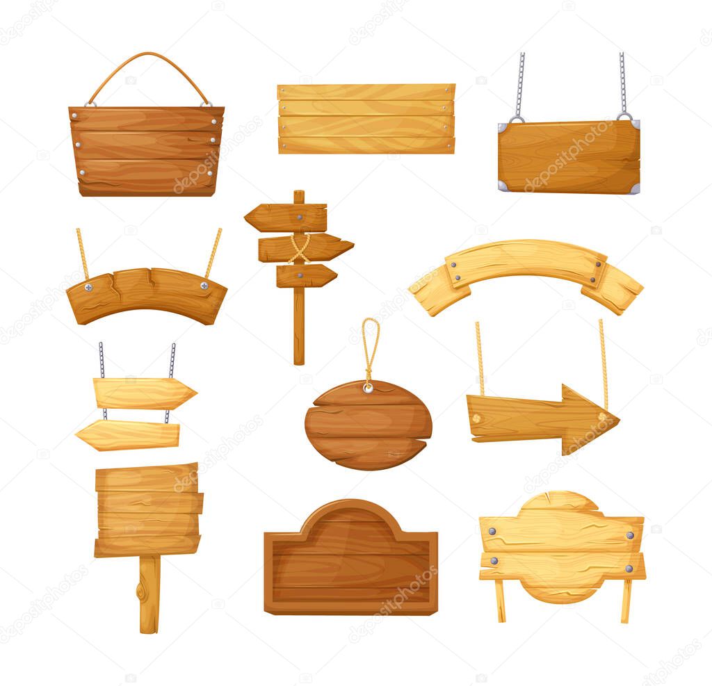 Wooden sign boards empty planks or signboards. Blank or empty, wooden planks with chains ropes and bolts. Wooden retro plaque board an arrow with nails, ropes for messages or pointers cartoon vector
