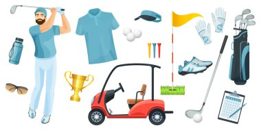 Golf ekipmanları oyun için logo simgeleri spor dişli ayarlayın. Hafif gömlek giyen golfçü golf sahasında topa vurur. Golf oyuncusu, çanta, atıcı, golfçü, top, delik, ders, eldiven, polo gömlek, fincan, araba vektör düz