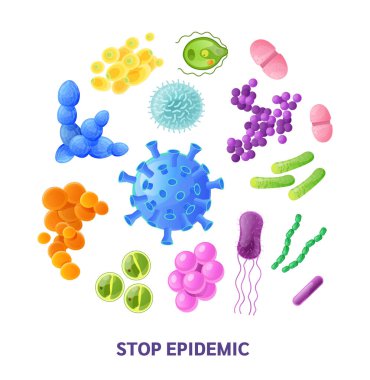 Microorganism, bacteria, virus cell, bacillus, disease bacterium and fungi cells. Infectious germs, protists, microbes, coronavirus. Coronavirus pandemic COVID-19 cartoon illustration clipart