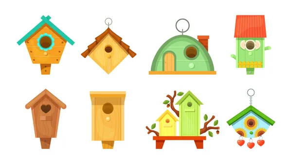 Casas Decorativas Madera Para Pájaros Primavera Coloridas Casas Pájaros Jardín — Archivo Imágenes Vectoriales