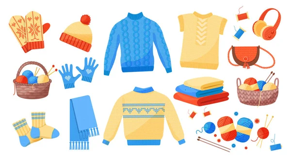 冬天穿一套漂亮暖和的针织衣服 毛织冬季服装 针织工具 针织袋装卡通病媒 针织概念 — 图库矢量图片