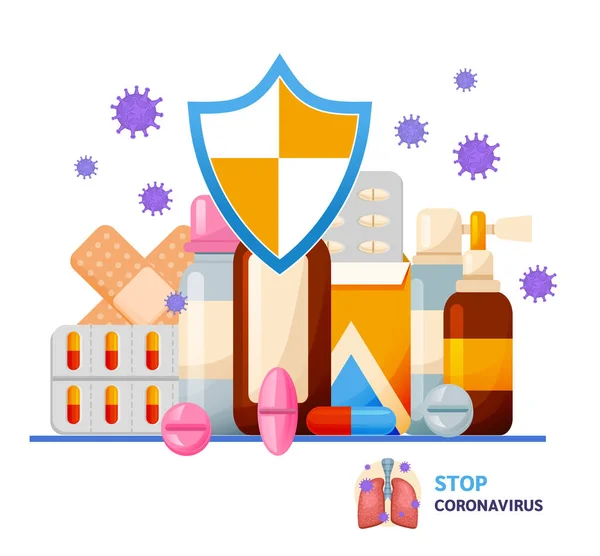 Захист Від Коронавірусу Різними Медичними Таблетками Пляшками Коронавірусна Небезпека Векторні — стоковий вектор