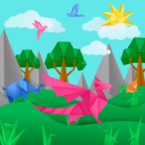Papel Origami Animales Paisaje Aplicación Papel Fondo Con Dragón Pájaro — Archivo Imágenes Vectoriales