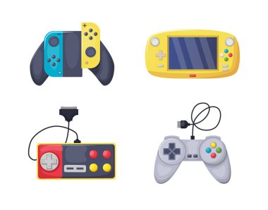 Oyun konsolu nesneleri ayarlandı. Oyun platformu, joystick, video konsolu, oyun aletleri, kablosuz oyun konsolu direksiyonu. Oyuncular için aygıtlar, oyun aşıkları çizgi film vektörü