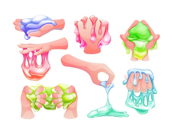 Funny Colorful Cartoon Homemade Slime Holding Hand Goo Blob Splashes — Stock Vector