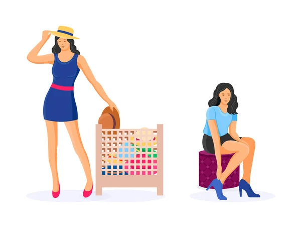Женщины Ходят Магазинам Одежды Девушки Выбирают Примеряют Одежду Время Покупок Стоковый вектор