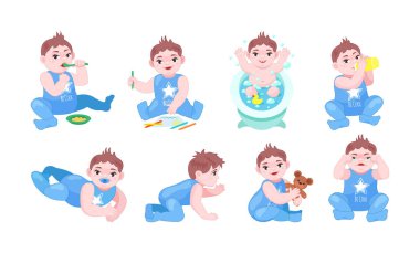Sevimli erkek bebek seti. Mutlu bebek aktiviteleri yulaf lapası yemek, resim çizmek, banyo yapmak, şişeden içmek, emzik emmek, saklanmak, oyuncak oynamak, ağlamak, yassı vektör ağlamak.