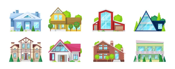 Retro Modern Countryside Houses Set Facade Suburb Private Building Triangle — Stock Vector