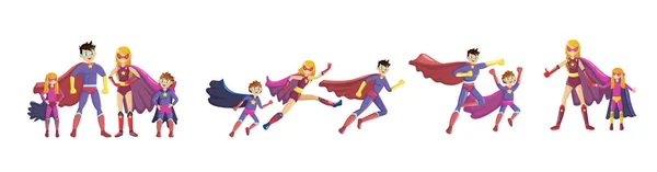 Superhjältar Leende Föräldrar Och Deras Barn Superhjältedräkter Med Mantel Och — Stock vektor