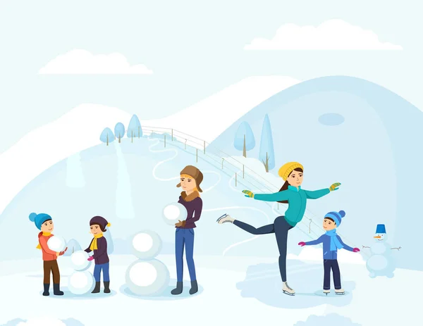 Vacaciones Familia Actividad Invernal Grupo Personas Con Niños Patinar Esculpir — Vector de stock