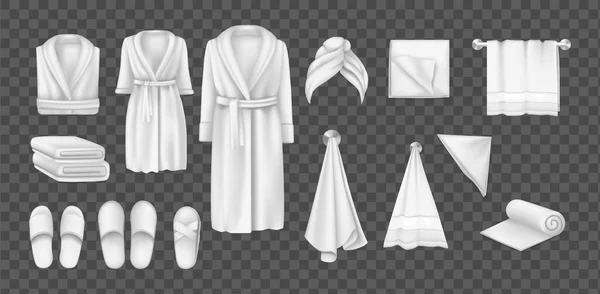 浴室の浴室の服および付属品セット 現実的な白い綿の男性と女性のバスローブ 折り畳まれたロールとぶら下げタオル 家庭やホテルのためのスリッパ 衛生的なクリーンテキスタイルベクトル — ストックベクタ