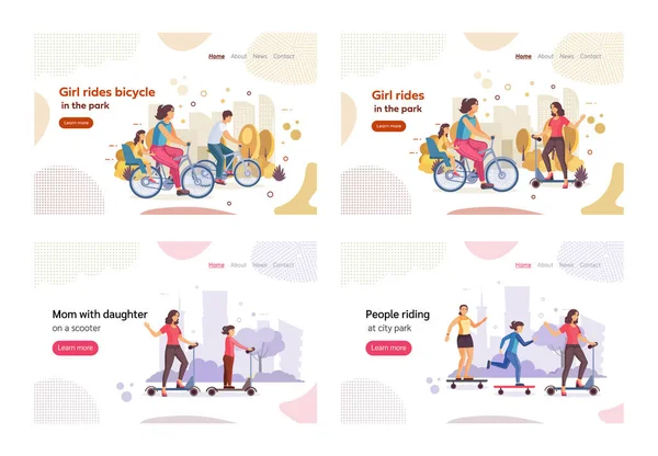 Mensen Rijden Fietsen Kick Scooter Landing Page Set Actieve Man Vectorbeelden