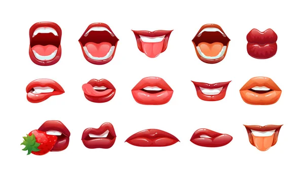Verleidelijke Vrouwelijke Mond Met Rode Lippen Witte Tanden Die Emoties Vectorbeelden