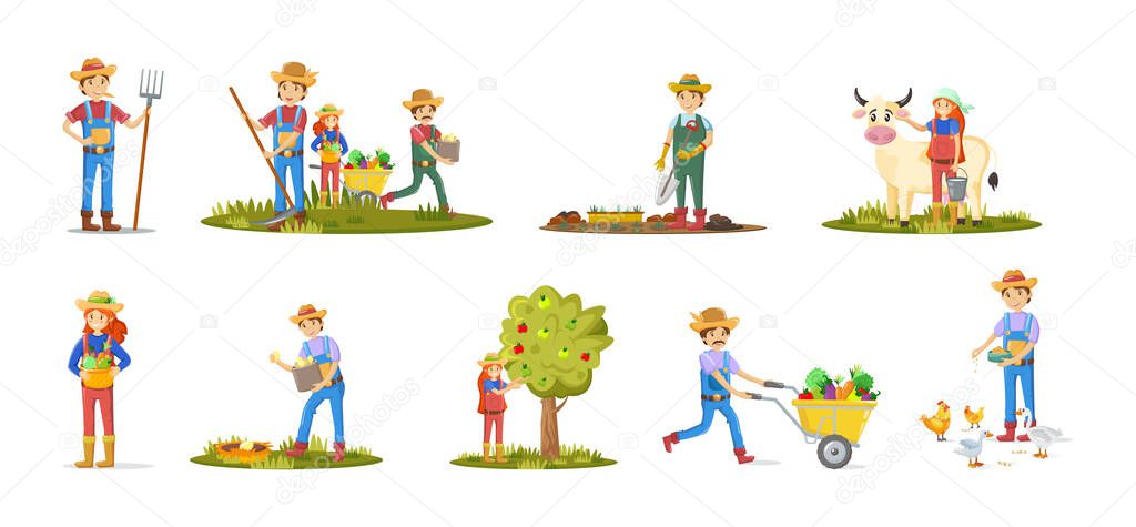 Agriculture farm workers set. Man and woman farmers agricultural planting crops, gathering harvest, collecting apples, feeding farm animals, carrying fruits vegetables, milking cow flat vector