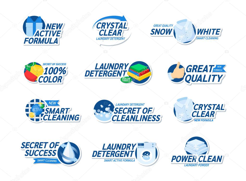 Laundry detergent logotype set. Commercial laundromat logo decorative design with washing machine, smart cleaning, power clean, great quality. Hygiene emblem with place for text flat vector