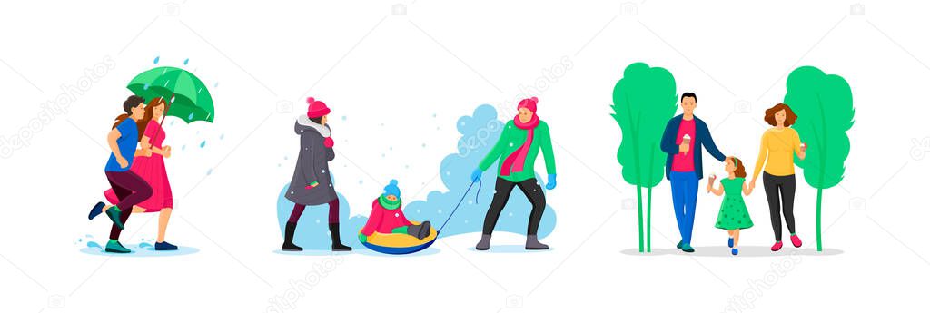 People outdoor leisure activity at different weather season set. Couple and family walking at rainy day under umbrella, sledding at winter, eating ice cream at summer. Nature recreation flat vector