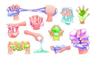 Funny colorful cartoon homemade slime holding in the hand. Goo blob splashes, sticky dripping mucus, slimy drops. Glossy goo lilac, pink, green and blue slime blots. Vector illustration isolated. clipart