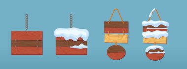 Tahta levhalar boş tahtalar ya da tabelalar. Yaz ve kış tabelası, bilgi için işaretler, reklamlar. İleti illüstrasyon vektörü için yuvarlak, kare ve ok boş ahşap şekiller