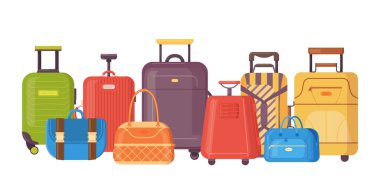 Plastik, metal valizler, sırt çantaları, valizler. Tekerlekli bavullar, seyahat çantaları, iş çantaları, seyahat valizleri, seyahat turizmi alışveriş vektörü çizimleri izole edilmiş durumda..
