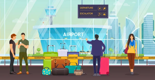 机场终端卡通人物图解中的男女乘客携带行李 行李箱 行李等等待到达和离开 — 图库矢量图片