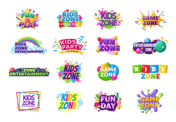 Kids Zone Entertainment Set Kindisch Banner Label Aufkleber Badge Logo — Stockvektor