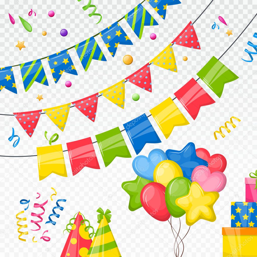 Party bunting flags for decoration of invitations, greeting cards. Bright buntings flags, confetti, festival paper garlands. Holiday event birthday accessories. Vector on transparent background