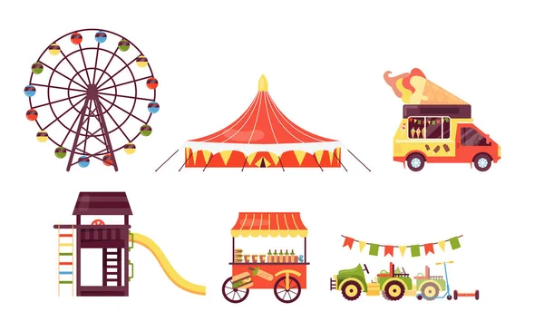 Літній Фестиваль Парк Розваг Літньому Ярмарку Фестивальні Атракціони Цирковим Наметом — стоковий вектор