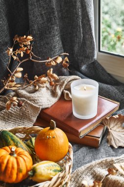Balkabaklarıyla rahat bir sonbahar, yün süveterler, pencere eşiğinde kitaplar ve mumlar. Sonbahar evi dekorasyonu. Samimi düşüş havası. Şükran Günü. Cadılar Bayramı.