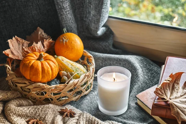Cozy autumn still life with pumpkins, knitted woolen sweater, books and candle on the windowsill. Autumn home decor. Cozy fall mood. Thanksgiving. Halloween.
