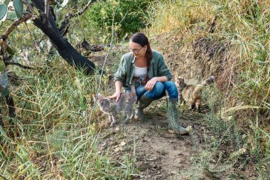 Bahçesindeki zeytin ağacının yanında bir sepet dolusu olgun hurma taşıyan lastik çizmeli bir kadın kedileriyle oynuyor. Bahçede çalışmak yeni normalin hobisi. Hasat et. Düş! Sinerjik bahçe.