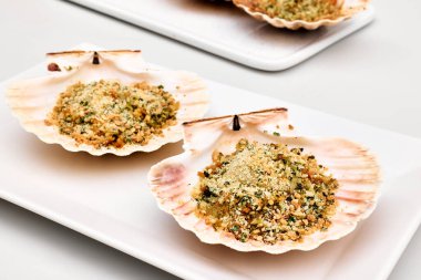 Açık gri arka planda beyaz tabakta deniz tarakları. Beyaz tabakta scallops au gratin. Akdeniz mahsulleri. Taze kabuklu deniz hayvanı. Operularis 'i çalıştır. Pecten Jacobaeus