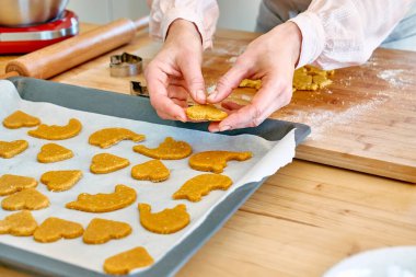 Kadın eli, fırın kağıdına kalp şeklinde kurabiyeler koyar. Ev yapımı hamur işleri ya da pasta. Kurabiye pişirme.