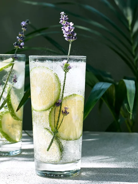 Cool Lavender Lemonade Lime Slices Lavender Flower Table Dark Green — Stock Photo, Image