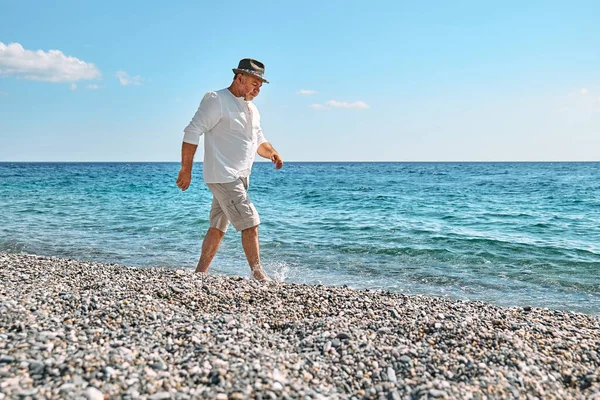Happy Middle Aged Bearded Man Walking Beach Concept Leisure Activities — стоковое фото
