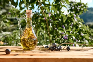 Ekstra saf zeytinyağı ve zeytin koruluğundaki ahşap masanın üzerindeki şişede zeytin dalı. Sağlıklı Akdeniz yemekleri.