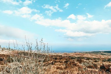 Etna Yanardağı 'nın geniş panoramik manzarası. Avrupa kıtasının en yüksek volkanı, Sicilya, İtalya. Etna Dağı 'nın yamacında sönmüş kraterler volkanik aktivite izleri var..