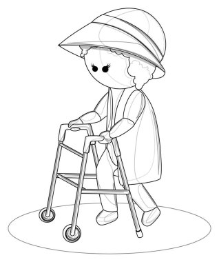 Yürüyen bir kadınla yürüyen yaşlı bir kadının vektör görüntüsü. Beyaz arka planda izole edilmiş. EPS 10