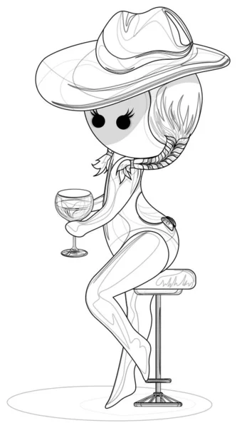 ワインのグラスとテーブルで帽子とビキニでマダムのベクトルイメージ Eps 白い背景に隔離されています 概要形式 — ストックベクタ