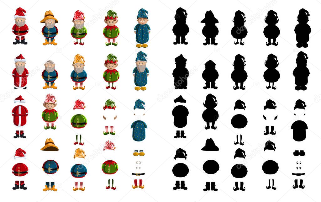 Vector set of fairy tale characters in cartoon style, their silhouettes and constituent elements. EPS 10