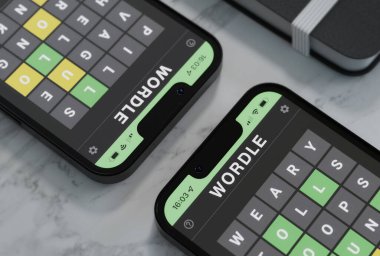 Wordle game on a double phone screen
