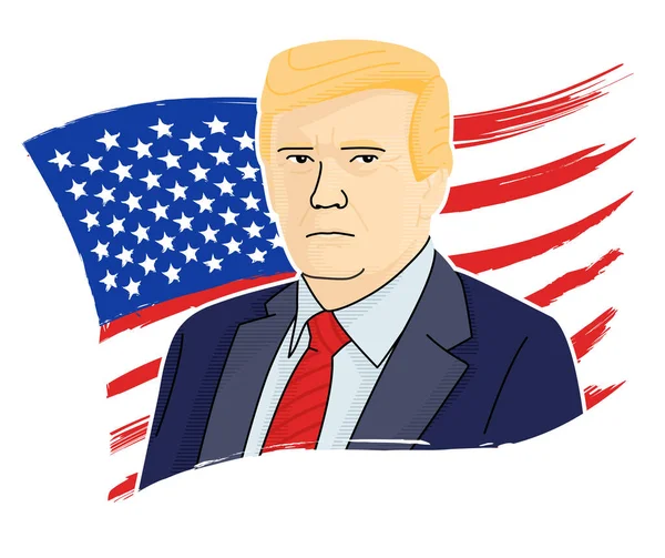Flache Abbildung Von Donald Trump Mit Amerikanischer Flagge — Stockvektor