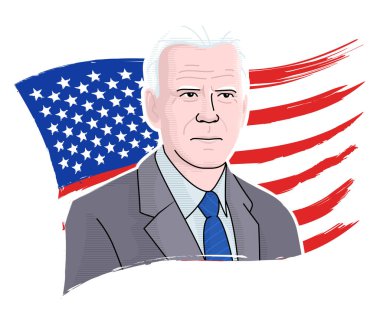 Flat illustration of Joe Biden with American flag background.