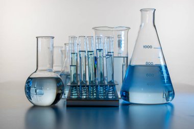 Beherler, şişeler, silindirler ve test tüpleri gibi laboratuvar ekipmanları iyi yerleştirilmiş.