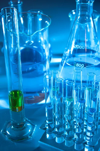 Laboratory Equipment Beaker Flask Cylinders Test Tubes Bluish Light — Photo