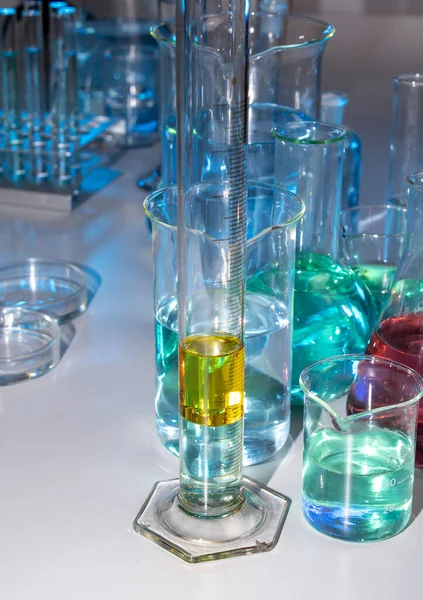 Laboratory Equipment Liquids Different Colors — Foto Stock