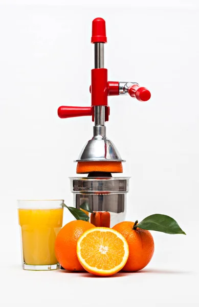 Orange Verre Jus Orange Presse Agrumes Orange Sur Fond Blanc — Photo