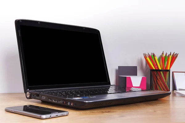 Computer Isolated Wooden Table Detailed Close — Stock Photo, Image