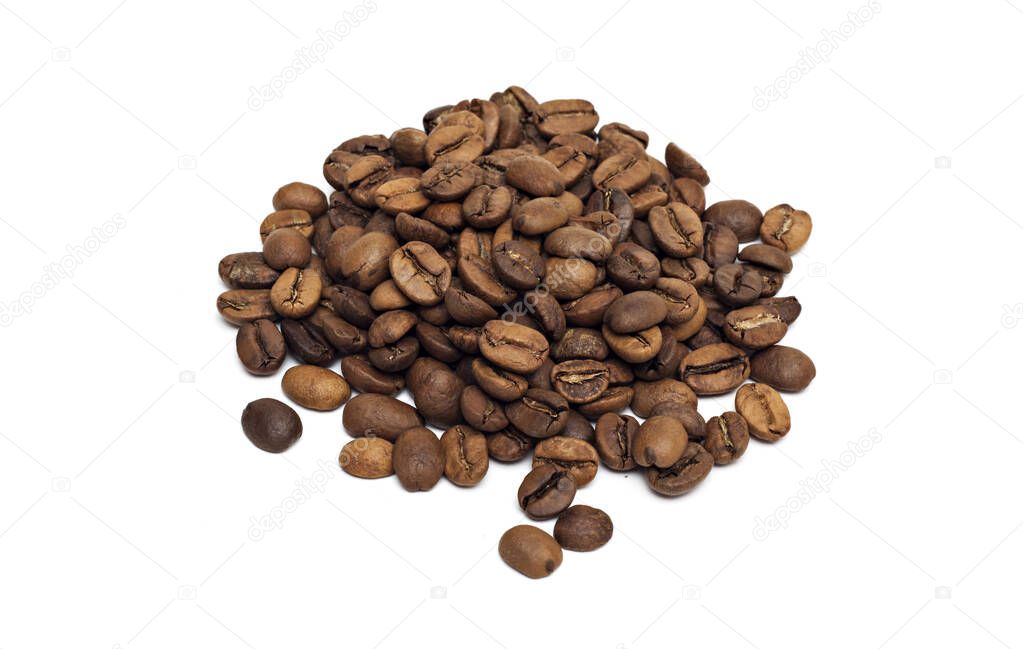 Roasted coffee beans on white background.