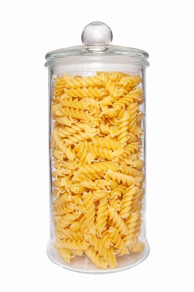 Uncooked Pasta Glass Jar White Background — Stock Photo, Image